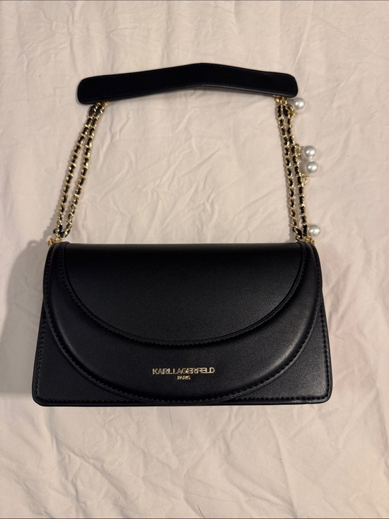 Karl Lagerfeld Handbags - Karl Lagerfeld Black Leather Shoulder Bag with Gold Chain and Pearl Accents
